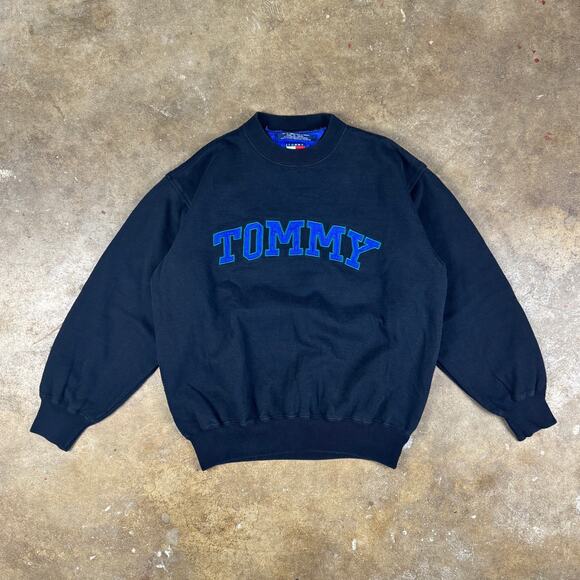 Vintage Tommy Hilfiger Spell Out Sweatshirt Black Blue Green 90s Crewneck L - Picture 1 of 9